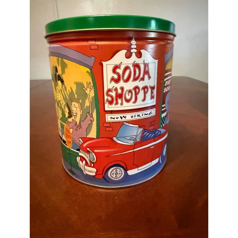 Vintage Soda Shoppe Caramel Corn Popcorn Tin Retro Diner Decor Green Lid Empty